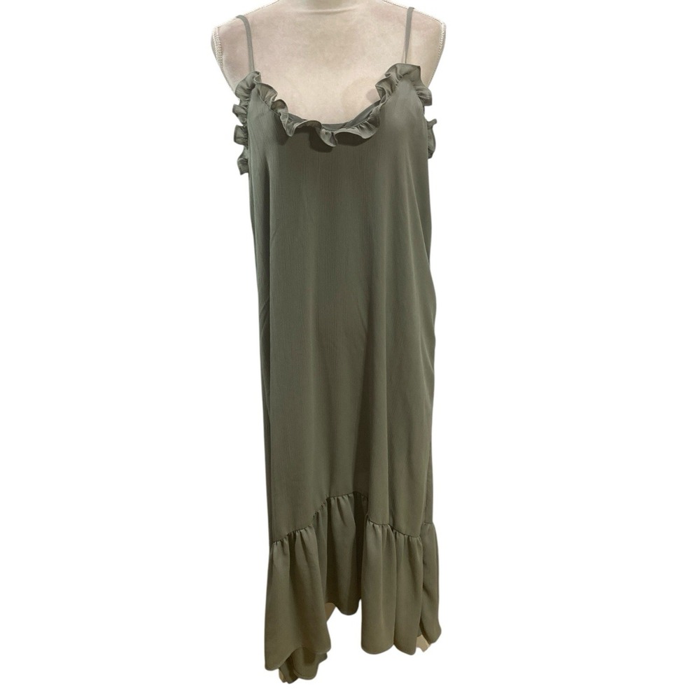 Wishlist Apparel Maxi M Dress Green Lined Women's Tiered Ruched Boho Strap hi lo